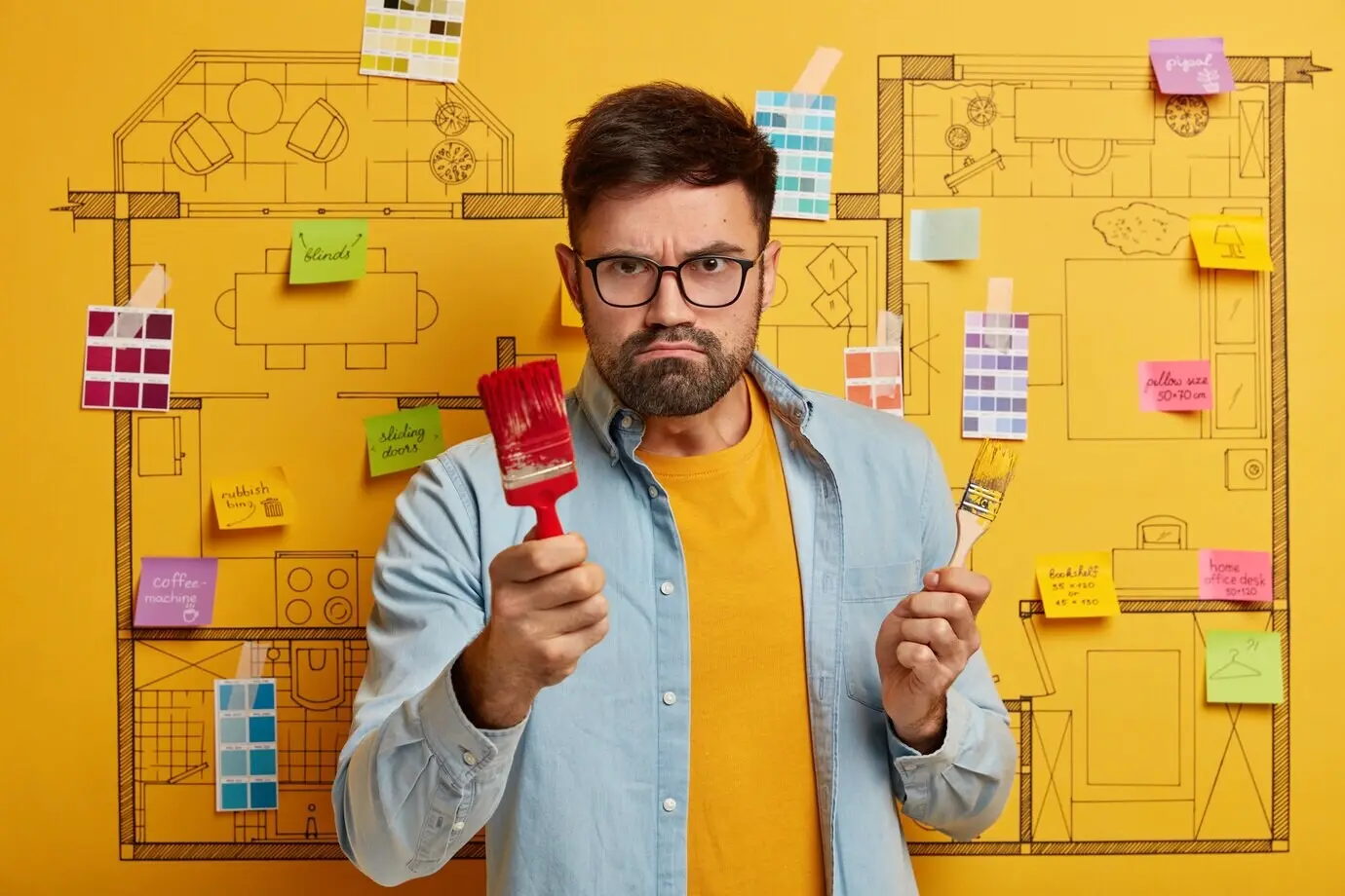 Junger, bärtiger, gutaussehender Mann, der sich auf eine Renovierung vorbereitet.